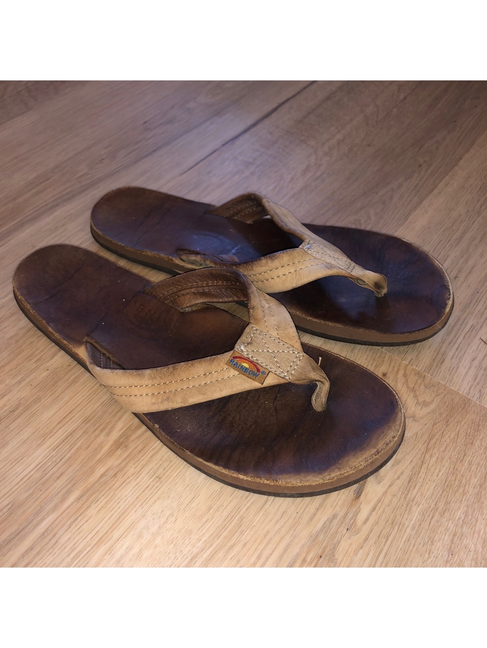 RAINBOW BRAND LEATHER FLIP FLOPS SANDALS BROWN TAN WOMENS SIZE 8